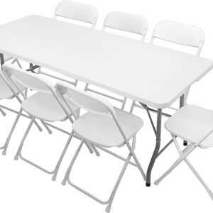 VINGLI 6ft Folding Table with 8 Chairs, White