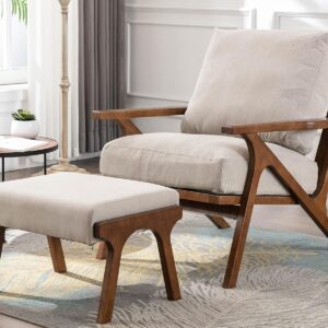 Mid-Century Accent Chair with Ottoman, Linen, Beige