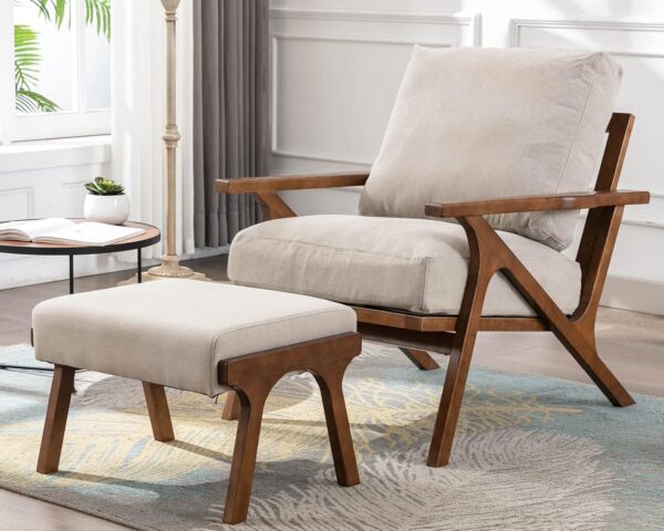 Mid-Century Accent Chair with Ottoman, Linen, Beige