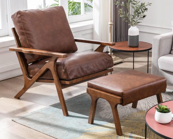 Mid-Century Accent Chair with Ottoman, PU, Brown