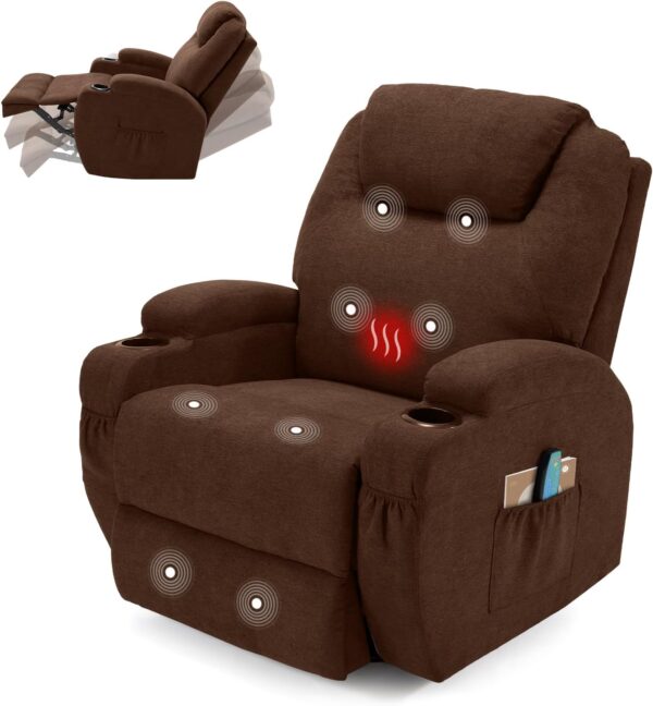 Esright Massage Recliner, Heated Swivel Rocker, Brown