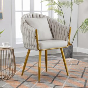 Woven Dining Chairs, Beige Upholstered, Gold Metal Legs