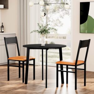 HOMOOI 3 Piece Dining Set - Round Table & 2 Chairs, Black Brown