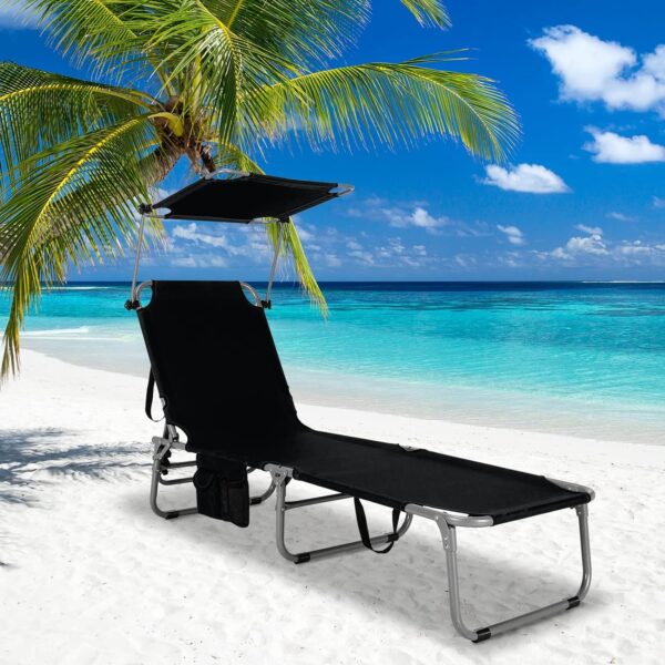 Tangkula Folding Chaise Lounge, Reclining Beach Chair, Black