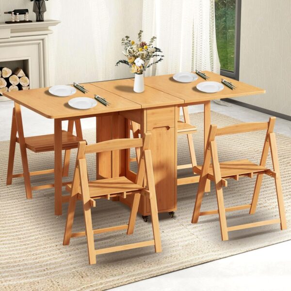 Folding Dining Table Set for 4 - Bamboo, No Assembly, Wood