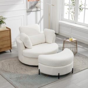 Oversized Swivel Barrel Chair with Ottoman, White