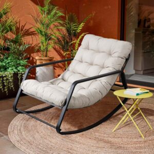 Outdoor Patio Rocking Chair, Beige, Metal Frame