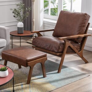 Mid-Century Leather Accent Chair with Ottoman, Brown