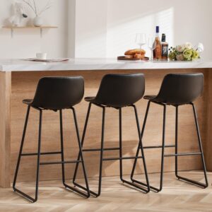 HeuGah 30" Black Faux Leather Bar Stools, Set of 3, Metal Legs