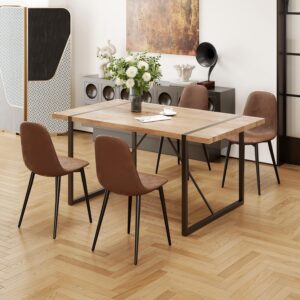 55" Dining Table Set for 4, Wood with Fabric Chairs