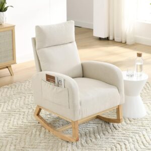 Nursery Rocking Chair, Beige Linen, Solid Wood Legs