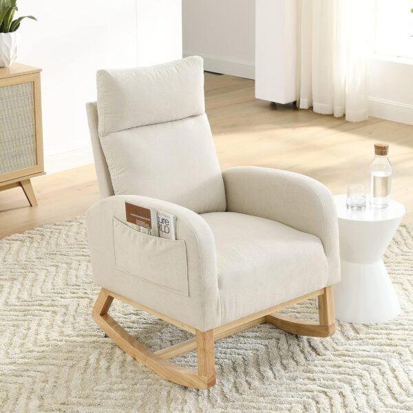 Nursery Rocking Chair, Beige Linen, Solid Wood Legs