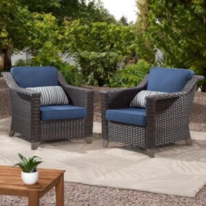 Wicker Patio Chairs, Set of 2, Brown/Navy